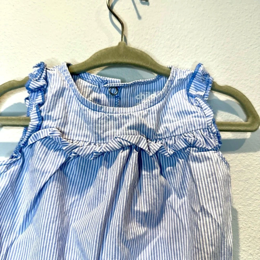 Sweet Strawberry Embroidered Pin Stripe Romper | Ruffles | 6-9mo | EUC | Blue - Picture 5 of 7